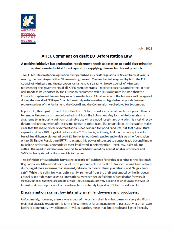 AHEC Comment on draft EU Deforestation Law